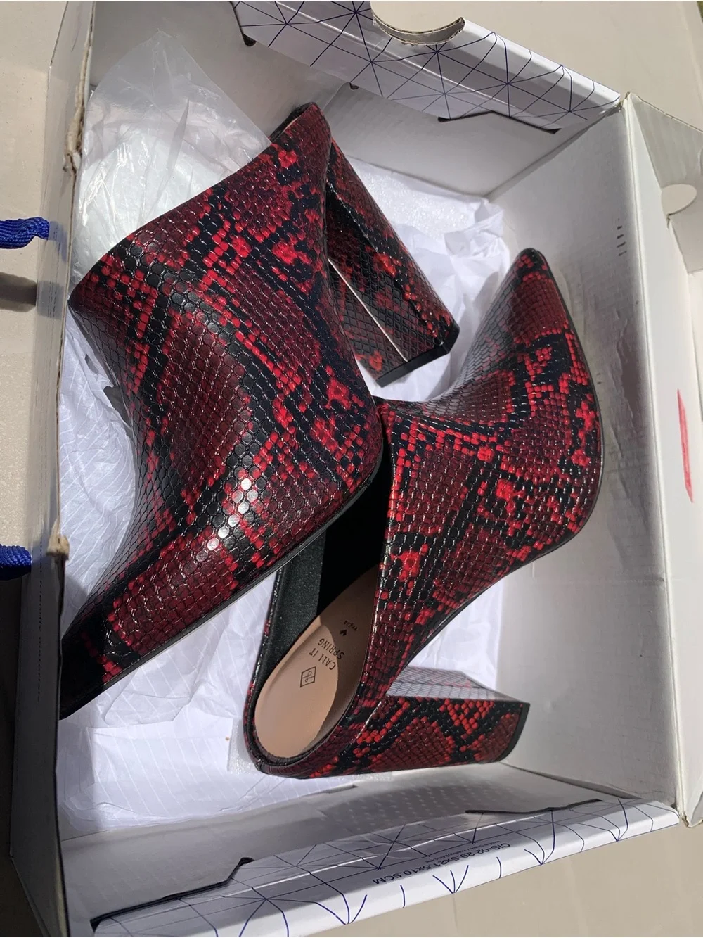 Red Snakeskin Pointed Block Heel Ankle Booties